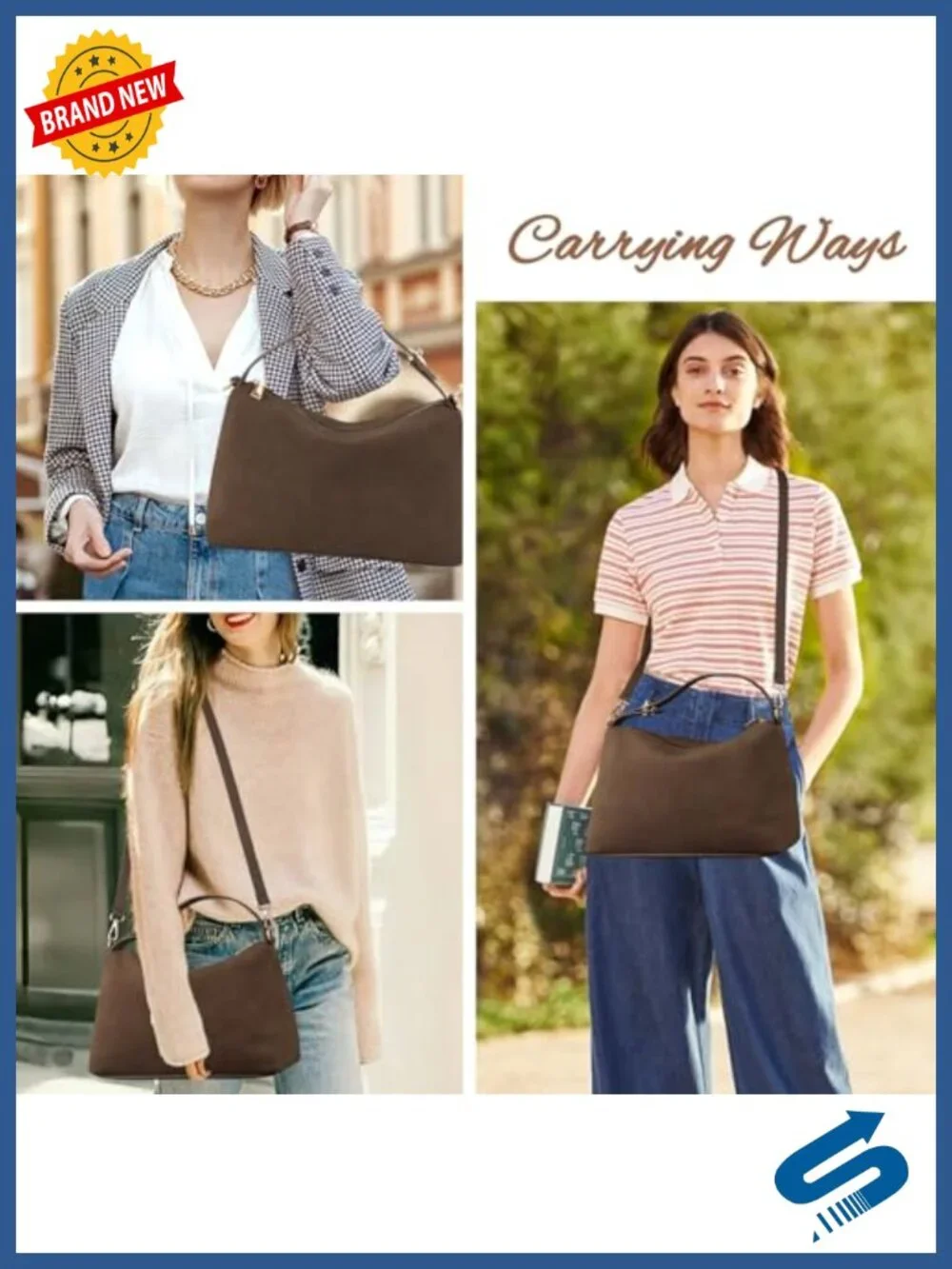 Brown Suede Leather Hobo Tote Crossbody Bag with Zipper